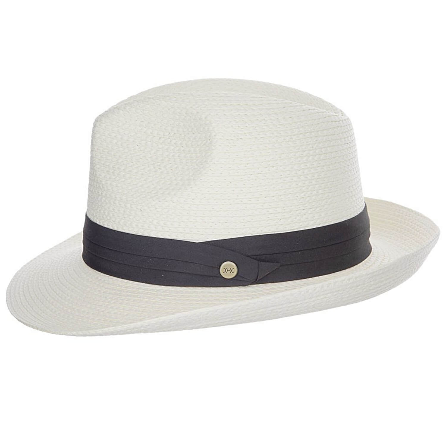 White straw hat with a black band on a white background