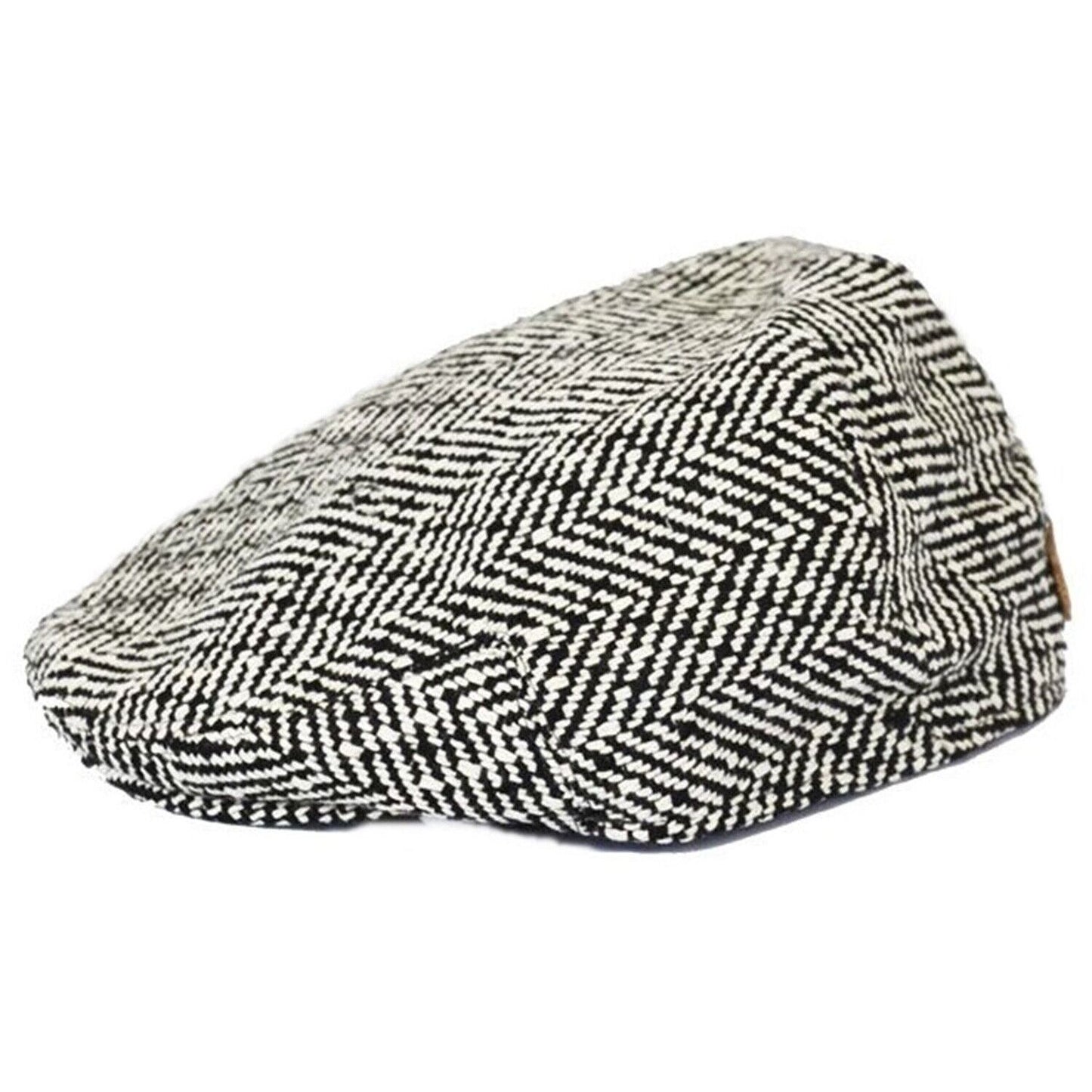 Flat Cap, Black and White, Herringbone, Side View