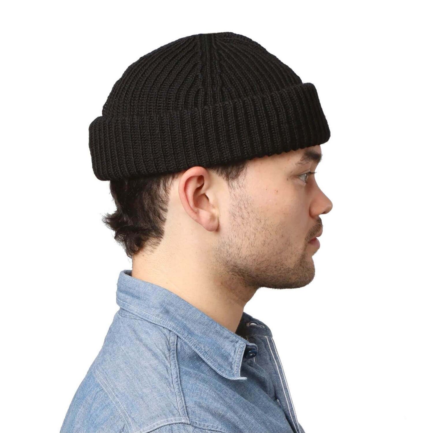 Short Beanie Hat, Black, Docker Hat, Being worn, Side View