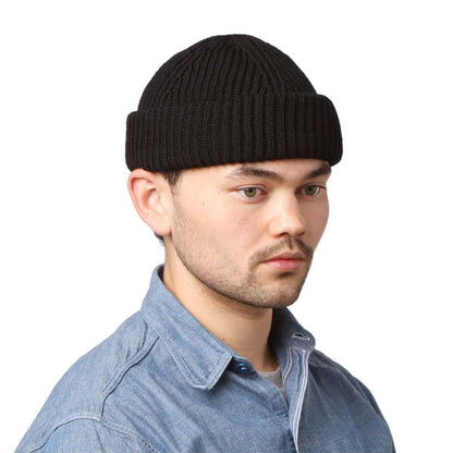 Short Beanie Hat, Black, Docker Hat, Being worn