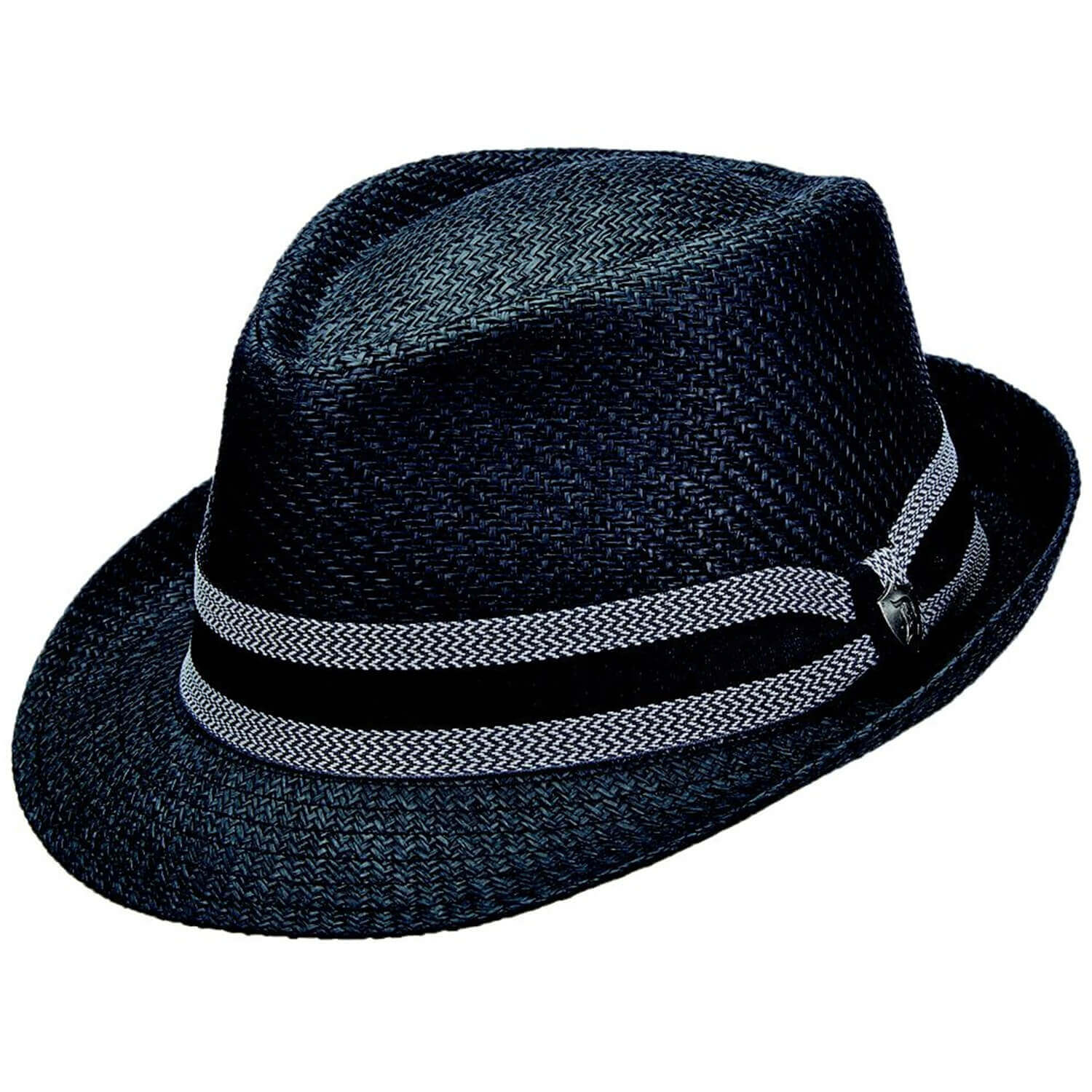 Black straw hat with a striped band on a white background