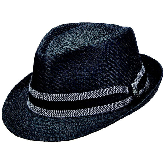 Black straw hat with a striped band on a white background