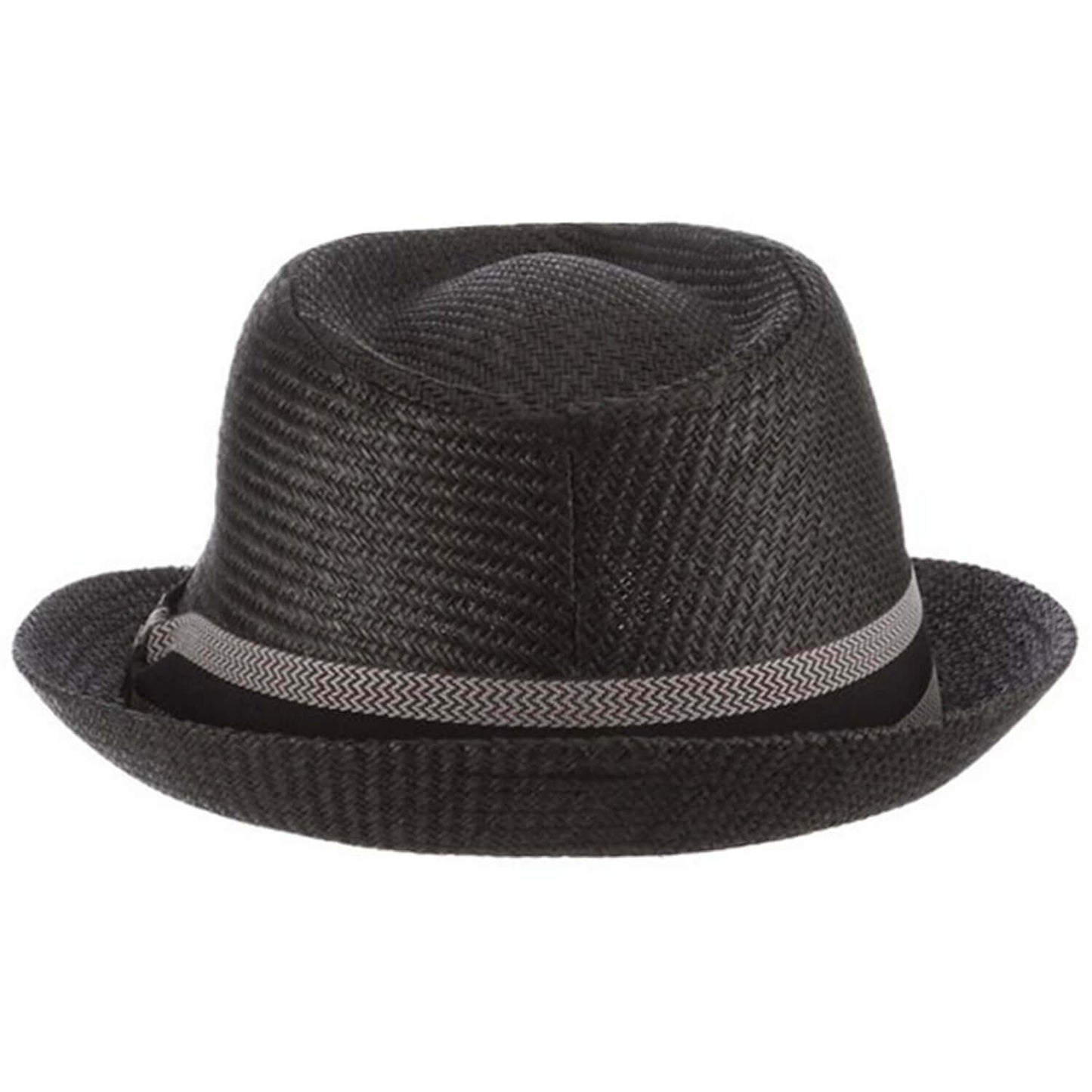 Black straw hat with a band on a white background