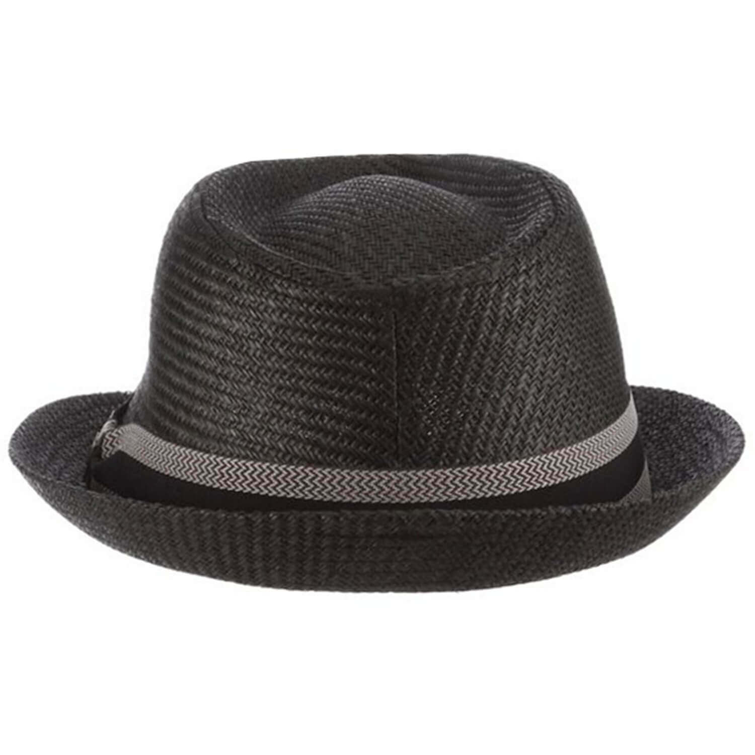 Black straw hat with a band on a white background