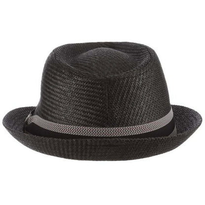 Black straw hat with a band on a white background