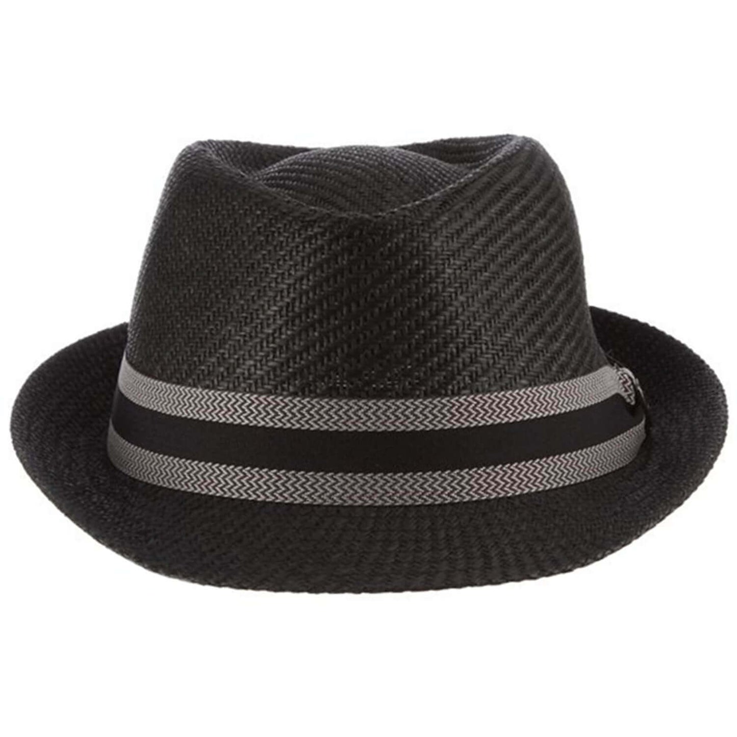 Black fedora hat with a gray band on a white background