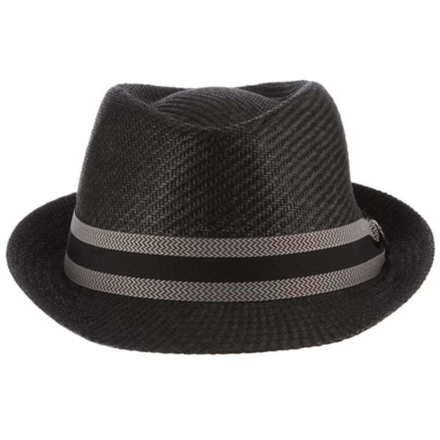 Black fedora hat with a gray band on a white background