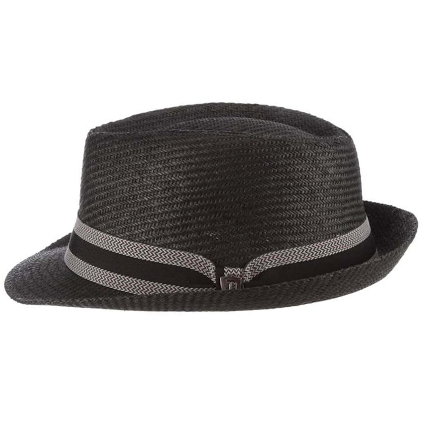 Black straw hat with a striped band on a white background
