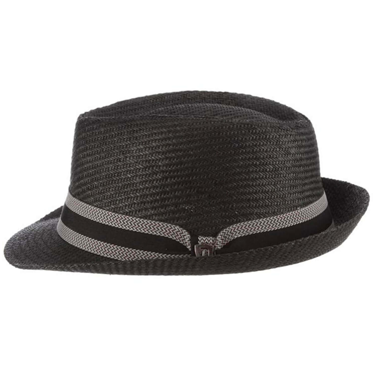 Black straw hat with a striped band on a white background