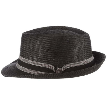 Black straw hat with a striped band on a white background