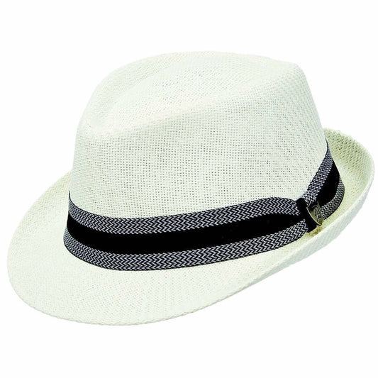 White straw hat with a black and white striped band on a white background