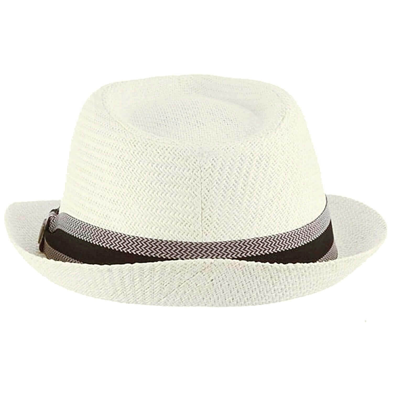 White straw hat with a black and gray band on a white background