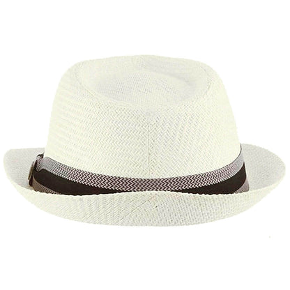 White straw hat with a black and gray band on a white background