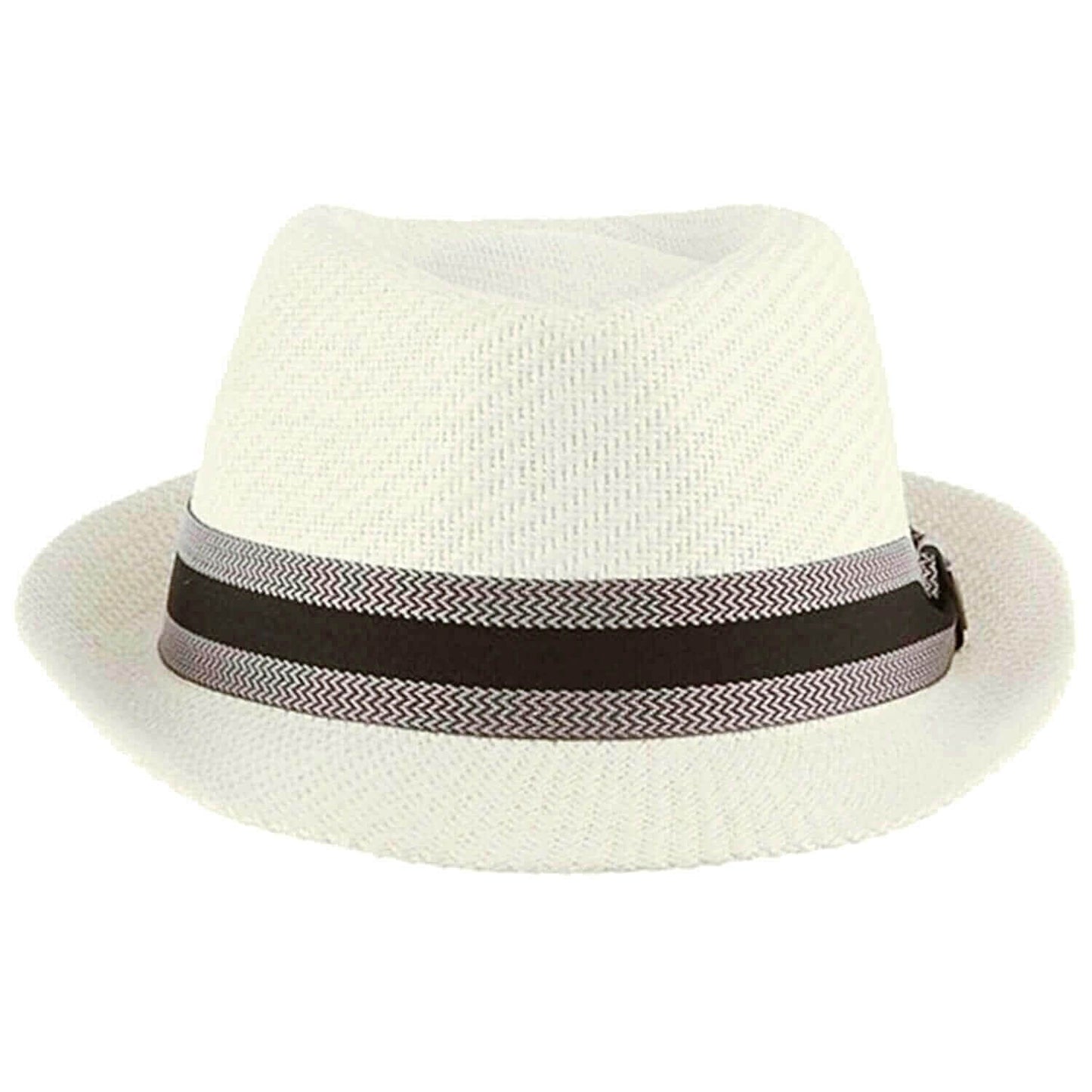 White straw hat with a black and gray band on a white background