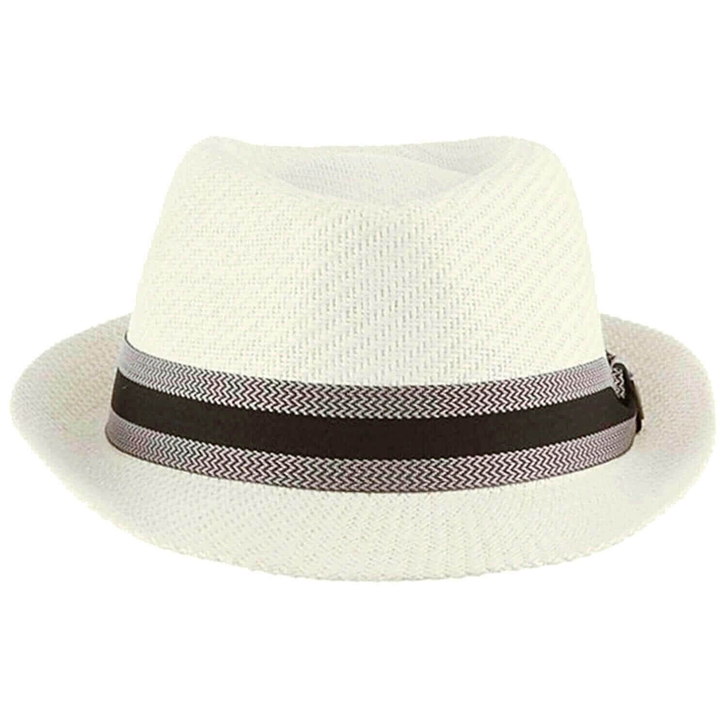 White straw hat with a black and gray band on a white background