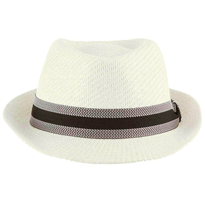 White straw hat with a black and gray band on a white background