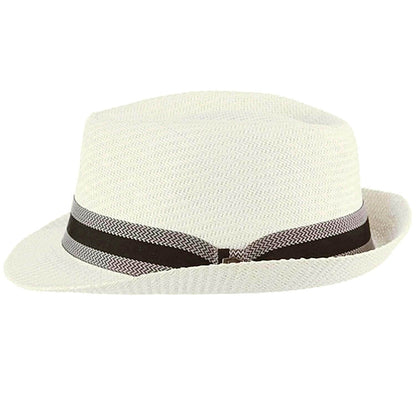 White straw hat with a black and gray band on a white background