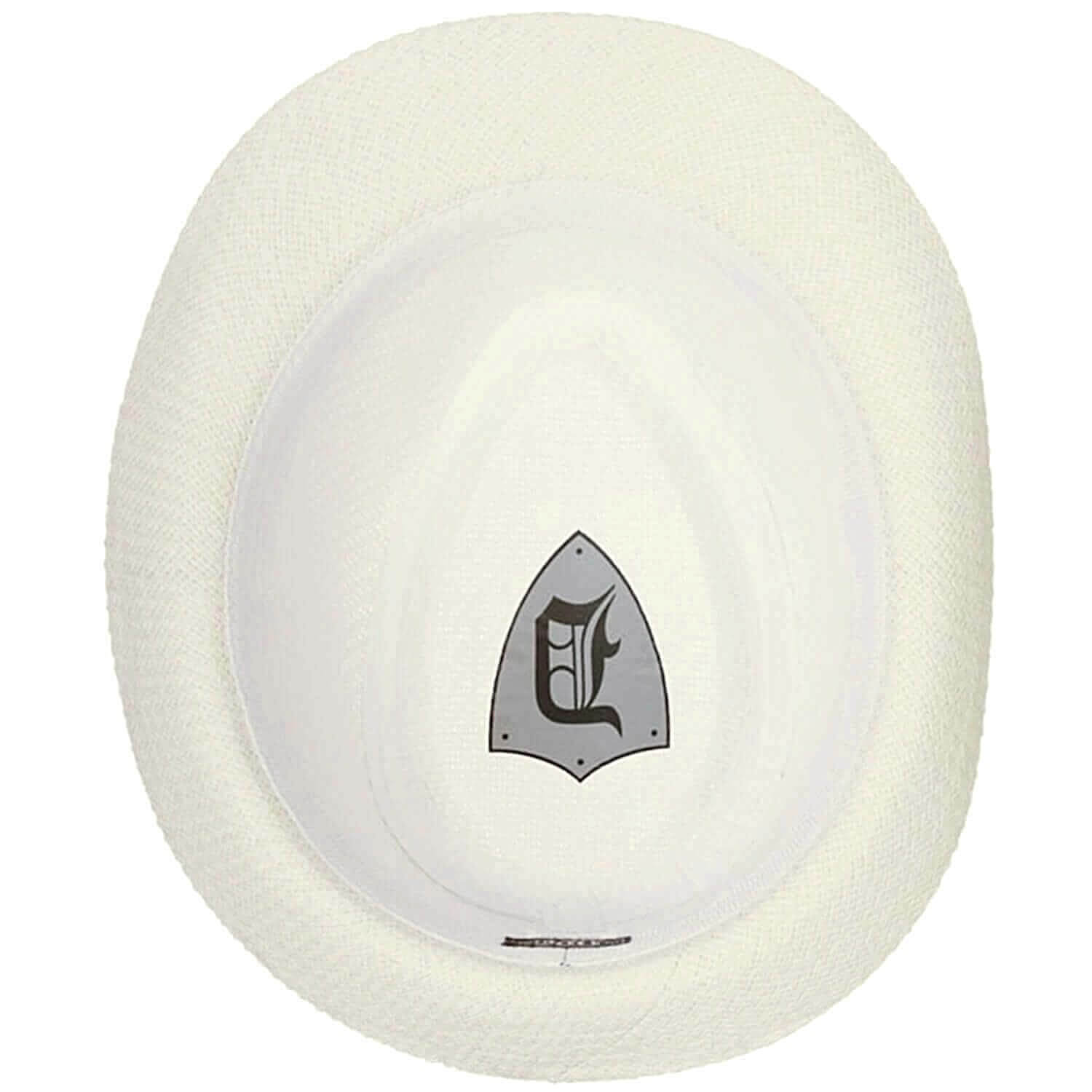 White frisbee with a black logo on a white background