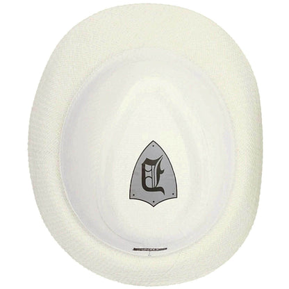 White frisbee with a black logo on a white background