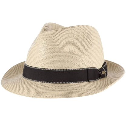 Beige straw hat with a black band on a white background