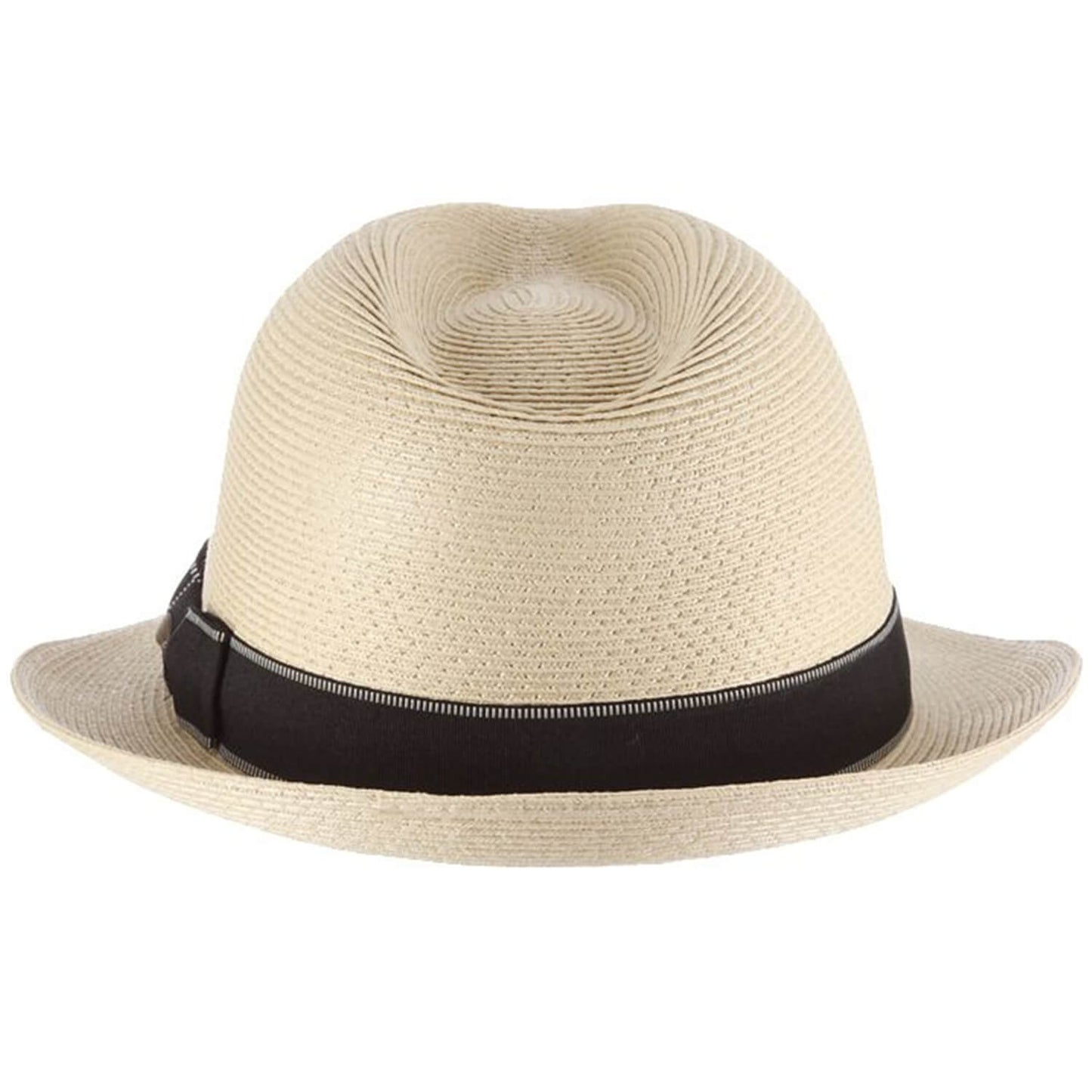 Beige straw hat with a black band on a white background