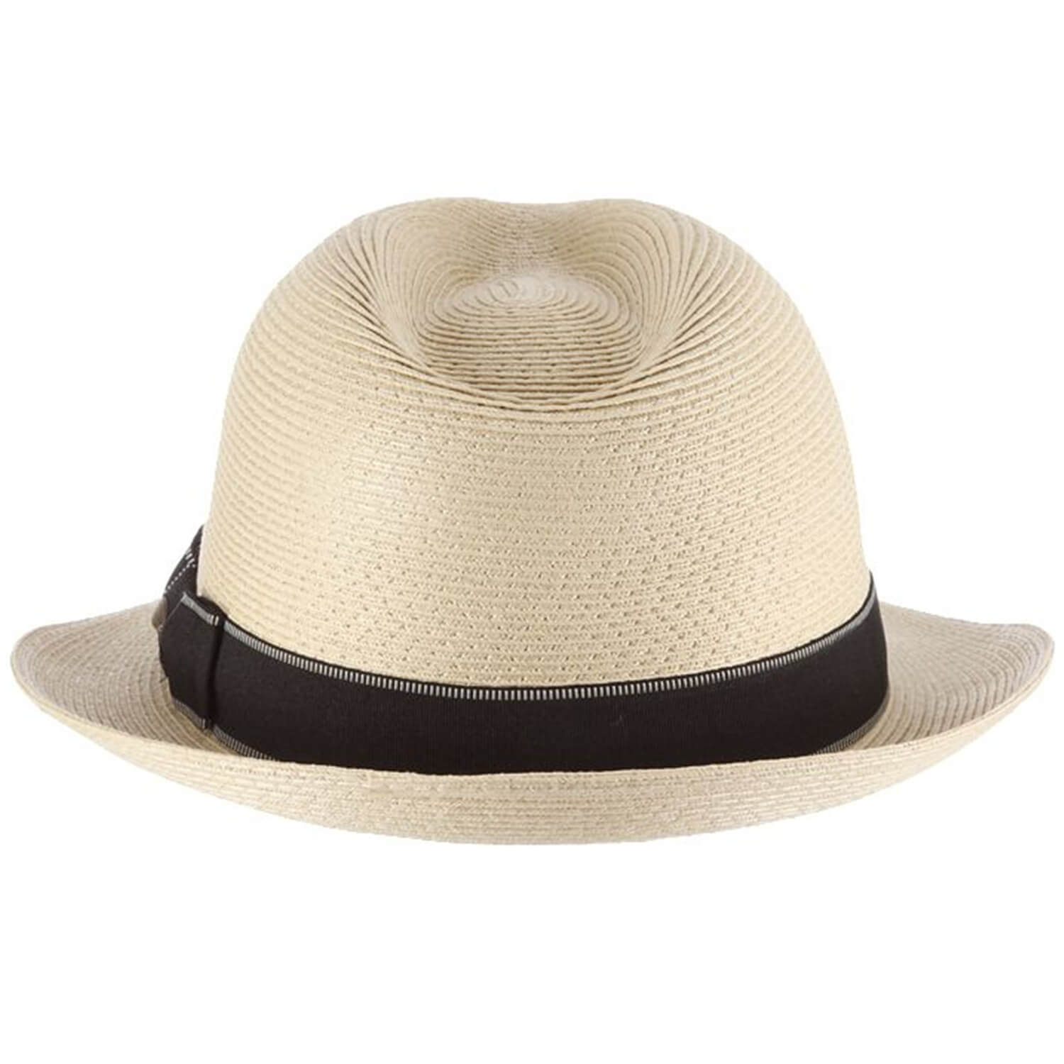 Beige straw hat with a black band on a white background