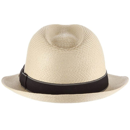 Beige straw hat with a black band on a white background