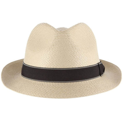 Beige straw hat with a black band on a white background