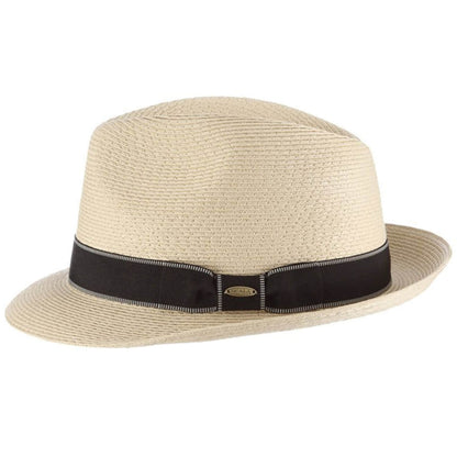 Beige straw hat with a black band on a white background
