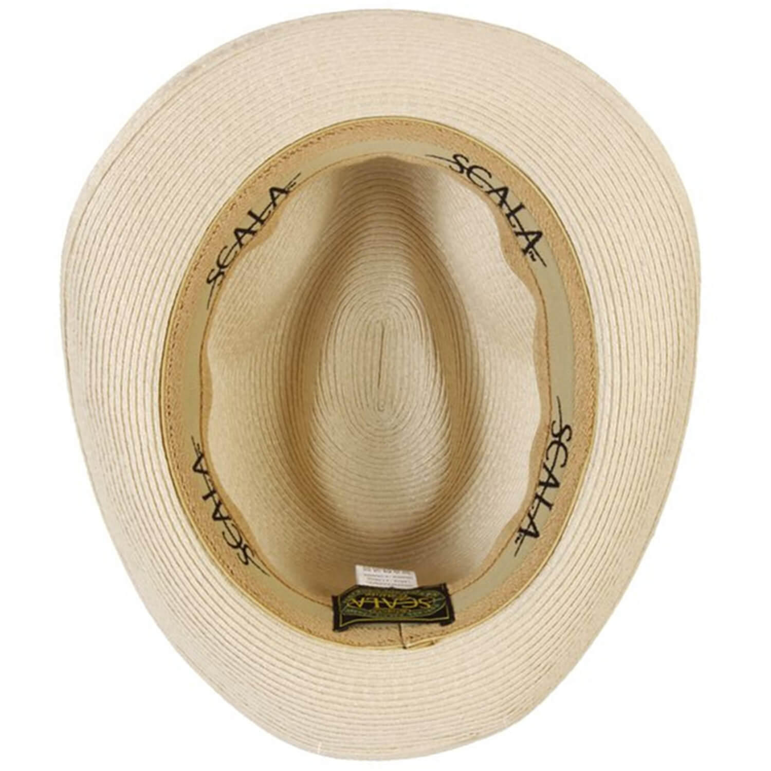 Internal View, Beige straw hat with 'Scala' branding on a white background