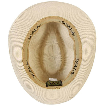 Internal View, Beige straw hat with 'Scala' branding on a white background