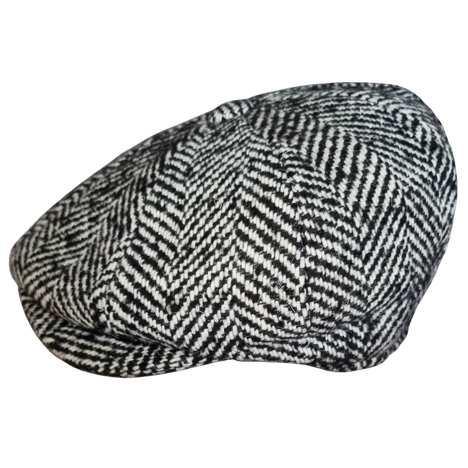 Newsboy Cap, Black& White, Herringbone, Side View