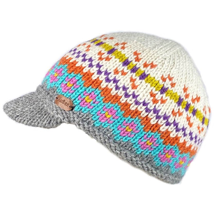 Peaked Beanie Hat, White Multicolour, 100% Wool, KuSan