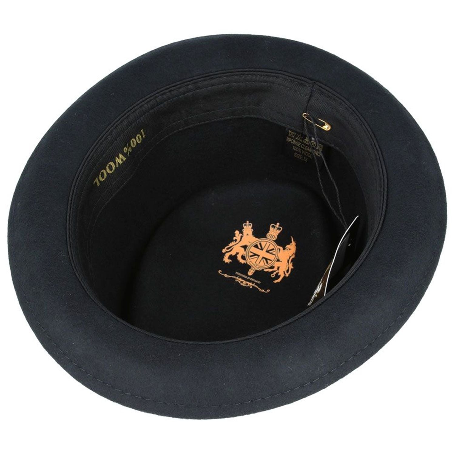 Pork Pie Hat, Brown, Wool, Diamond Crown, Interior View