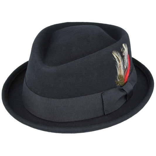 Pork Pie Hat, Black, Wool, Diamond Crown