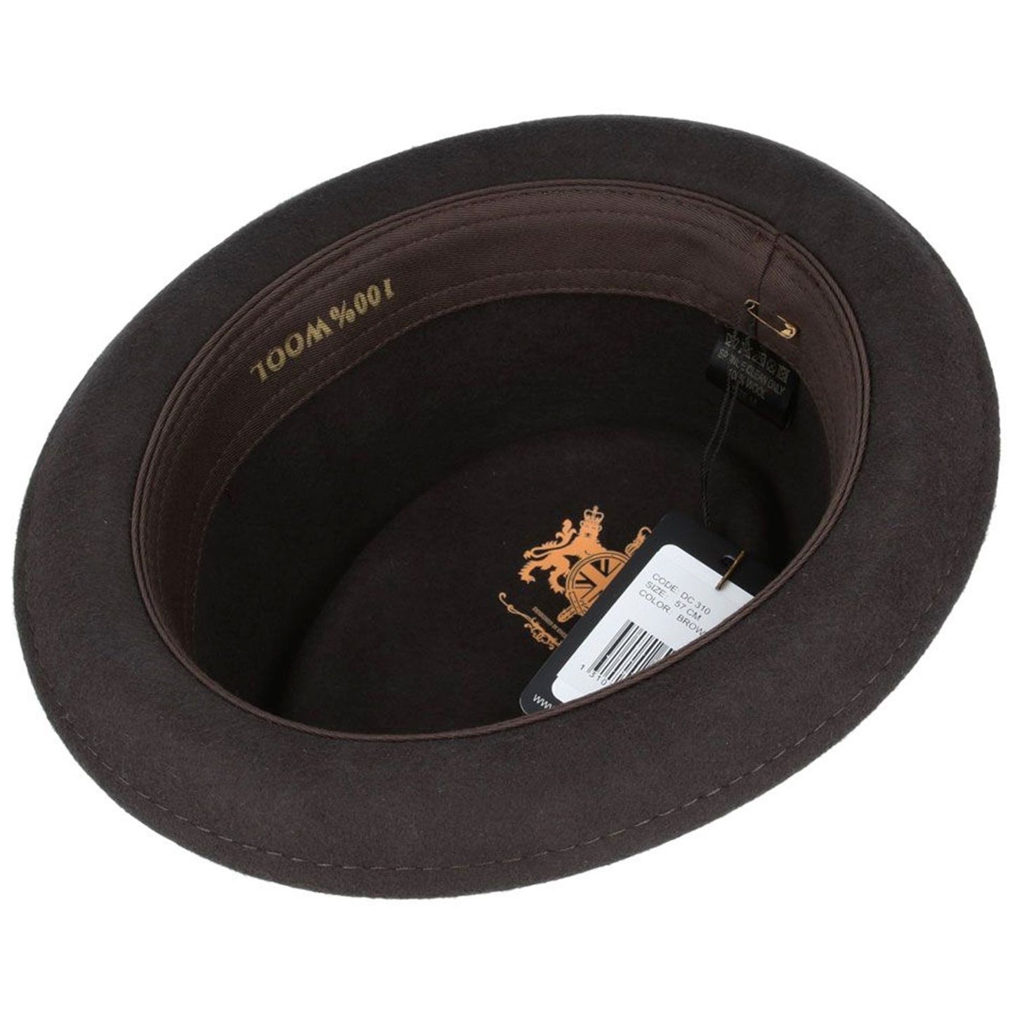 Pork Pie Hat, Brown, Wool, Diamond Crown, Interior View