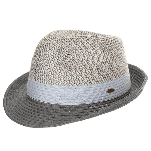 Two-toned straw hat with a light gray band on a white background