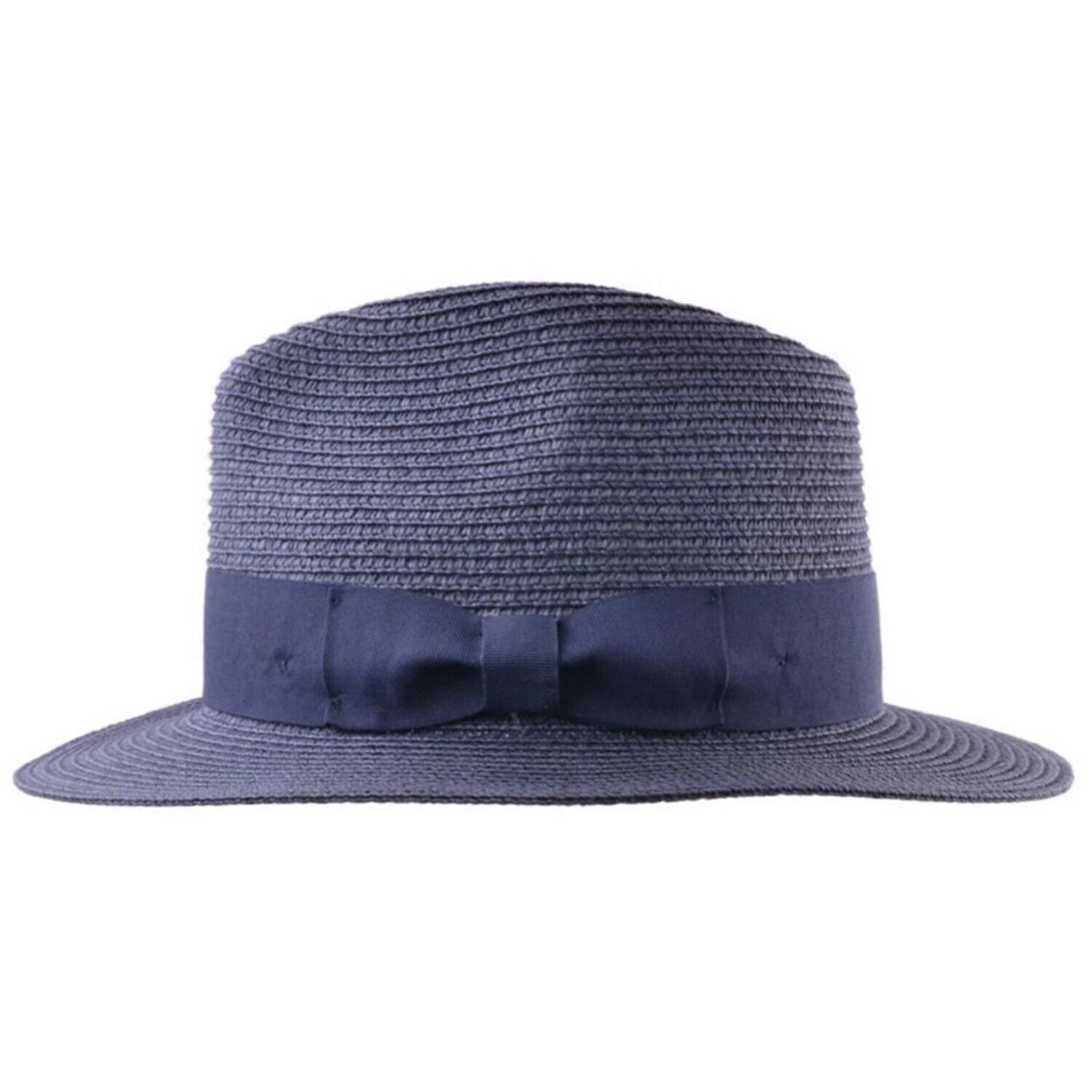 Straw Fedora Hat, Navy Blue, Panama, Side View