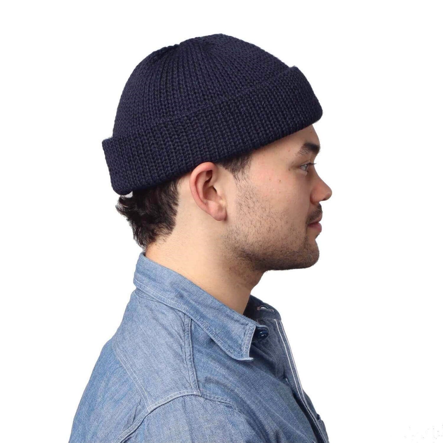 Docker Beanie, Navy, Watch Cap, Being Worn, Side View