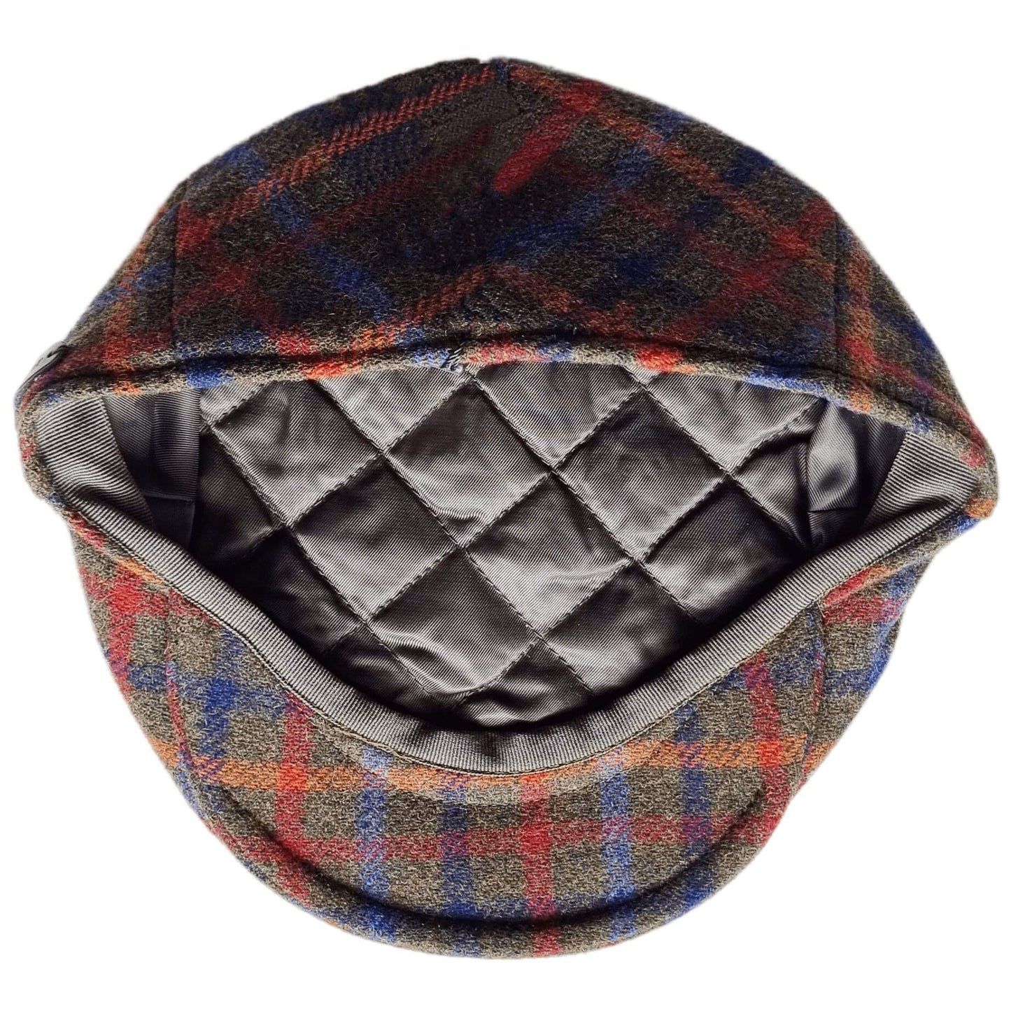 Plaid patterned cap with quilted interior on a white background
