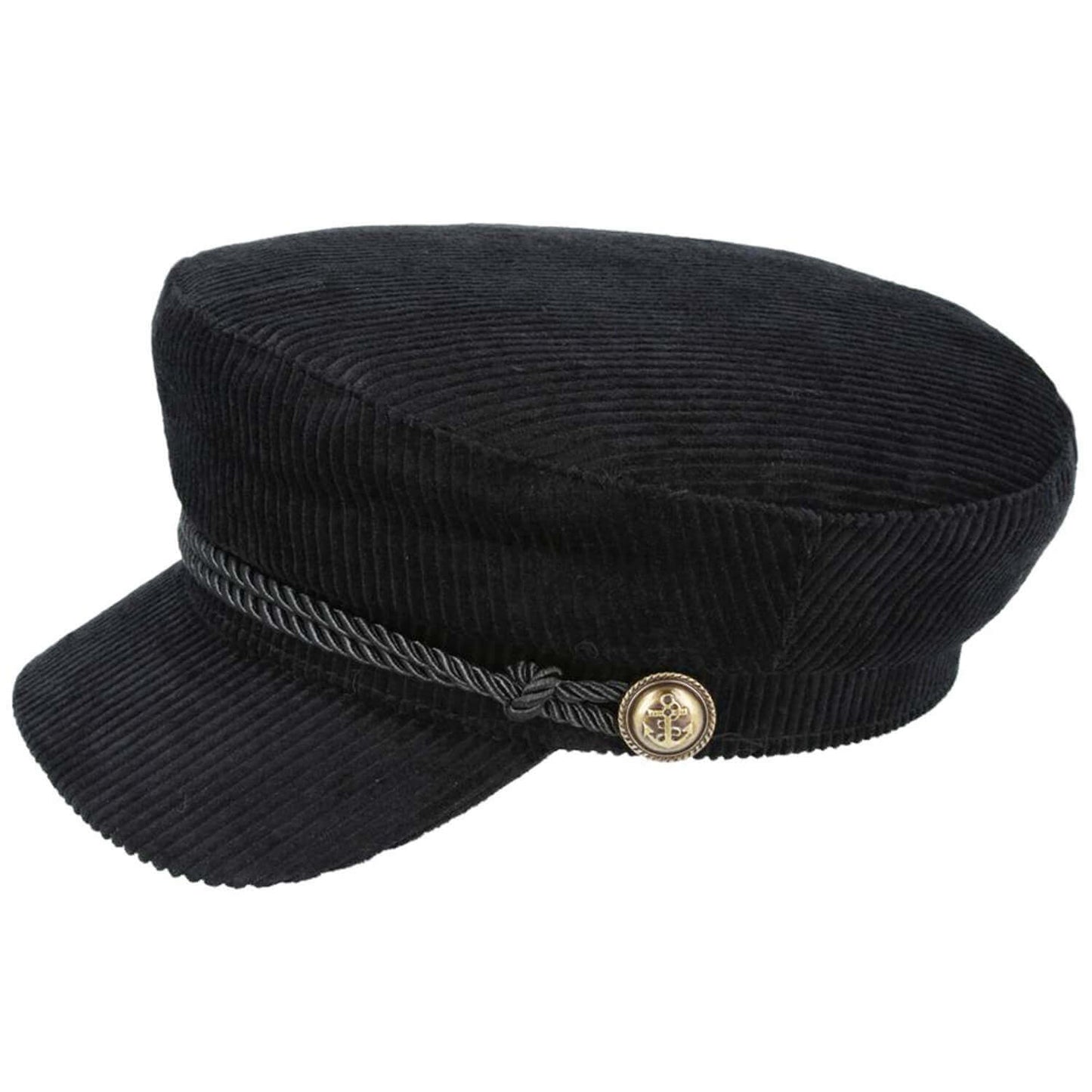 A black corduroy newsboy cap with a gray braided rope detail and a gold-toned decorative button on the side, shown against a plain white background.
