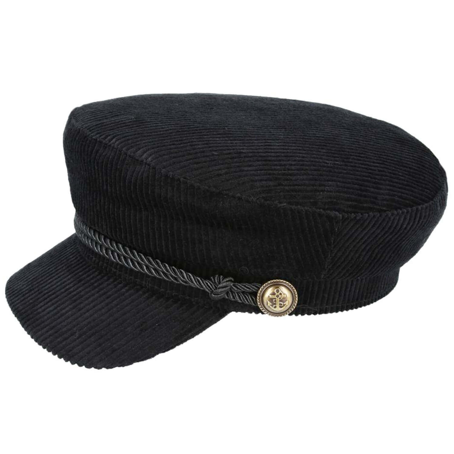 A black corduroy newsboy cap with a gray braided rope detail and a gold-toned decorative button on the side, shown against a plain white background.