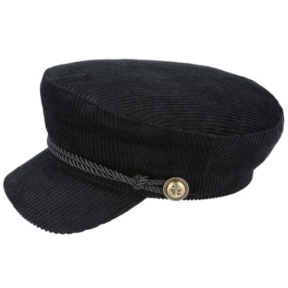 A black corduroy newsboy cap with a gray braided rope detail and a gold-toned decorative button on the side, shown against a plain white background.