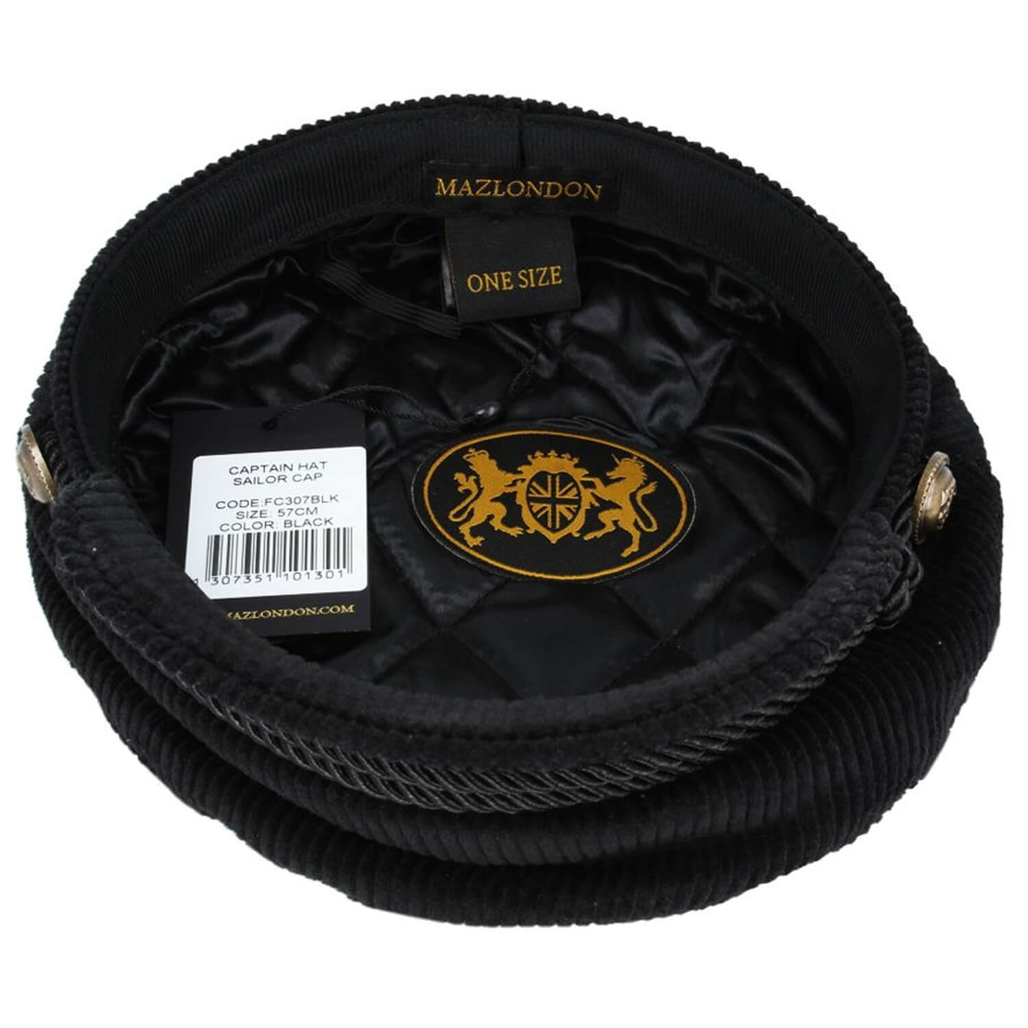 Black corduroy military cap shown from the inside, featuring a black satin lining with a gold Mazlondon logo, a white product tag, and gold metal snap buttons on the sides.