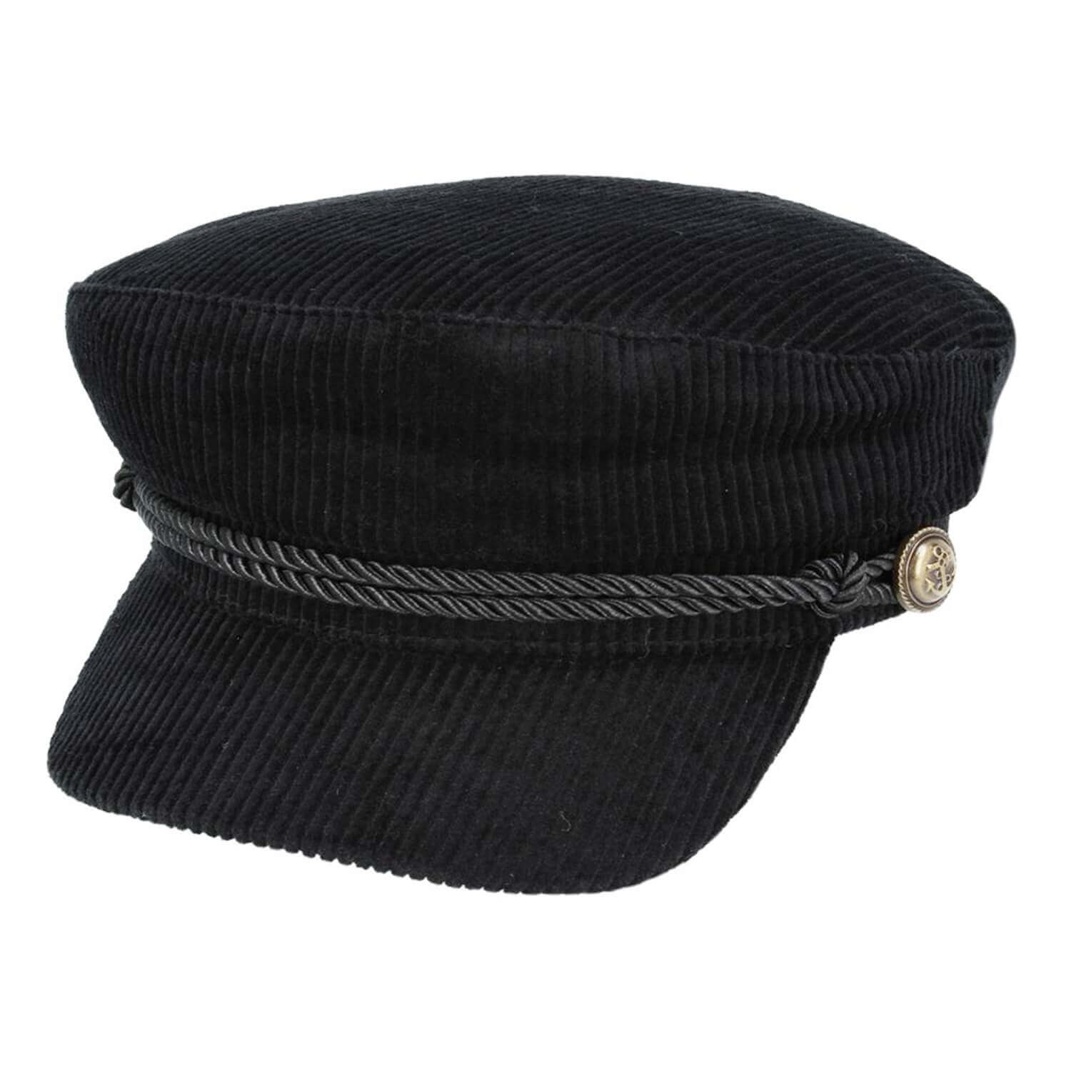 A black corduroy newsboy cap with a braided black rope detail and a small gold-toned button on the side, shown against a plain white background.