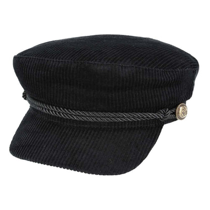 A black corduroy newsboy cap with a braided black rope detail and a small gold-toned button on the side, shown against a plain white background.