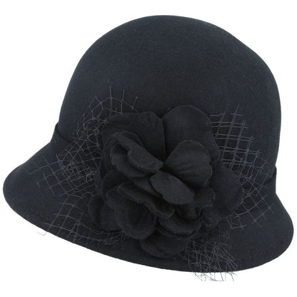 Cloch Hat, Black, Wool, Flower Decoration