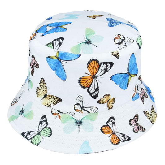 Bucket Hat, White, Butterfly Design