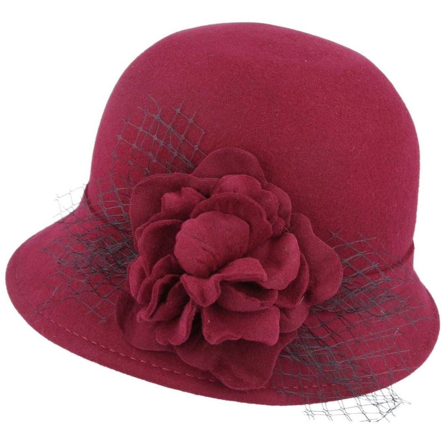 Cloch Hat, Wine Red Wool, Flower Decoration