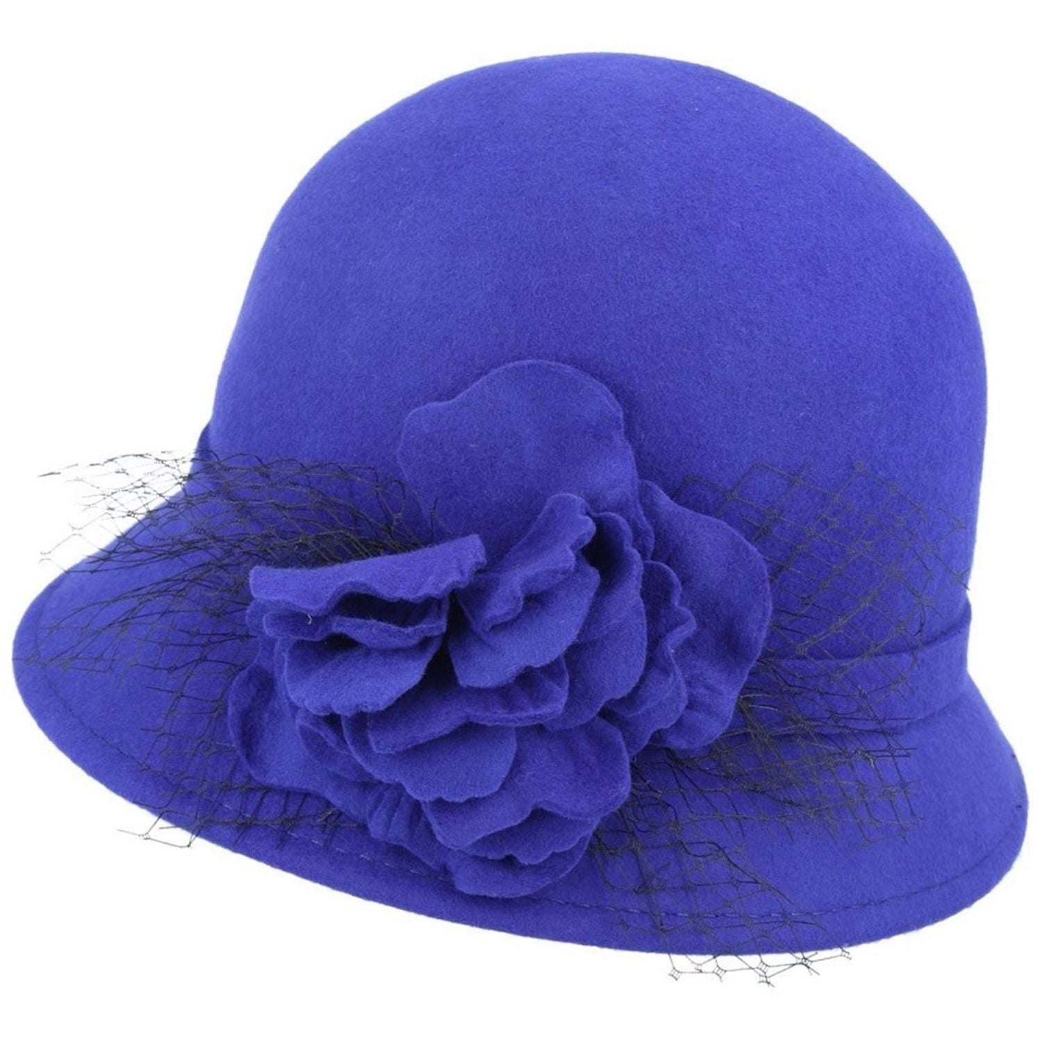 Cloch Hat, Royal Blue, Wool, Flower Decoration